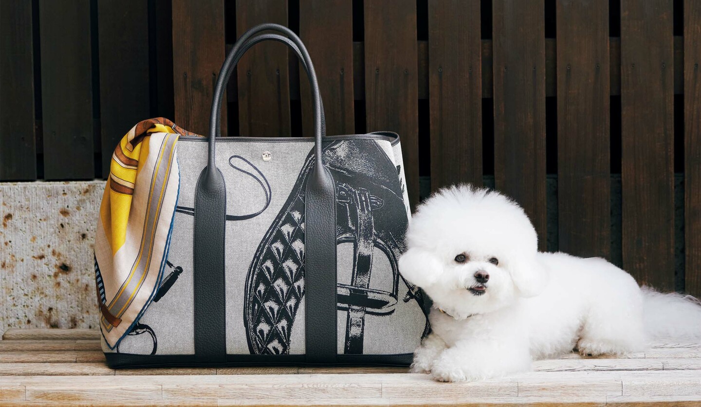 エルメスのバッグ「ガーデン・パーティ」とドッグモデルのとろ（犬）