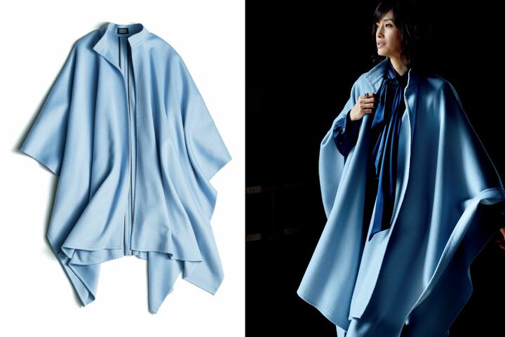 ダブルフェースカシミアのマント『ジーン』￥330,000［フリーサイズ］・シルクのブラウス￥110,000（オールウェイズ〈MIKAKO NAKAMURA〉） ピアス￥28,000・リング￥20,000（イセタン サローネ〈シンティランテ〉）