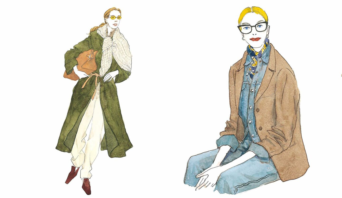 N.Y.在住ファッションジャーナリストのケティ・ヨークとトレンチコートを着た女性を描いた齊藤木綿子さんによるイラスト