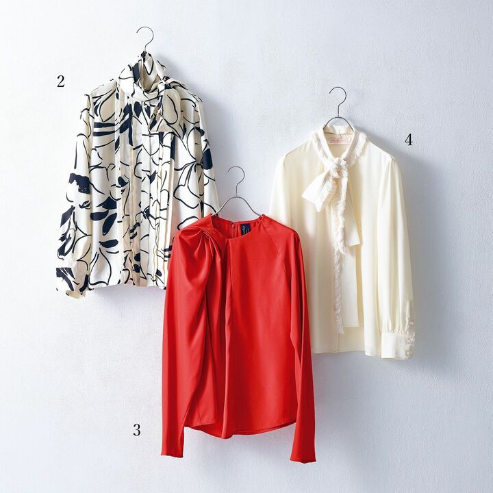 2.ブラウス￥38,000（MOGA）、3.ブラウス￥46,000（和光〈サポートサーフェス〉） 、4.ブラウス￥57,000（トリー バーチ ジャパン）［Precious2020年2月号107ページ］ 