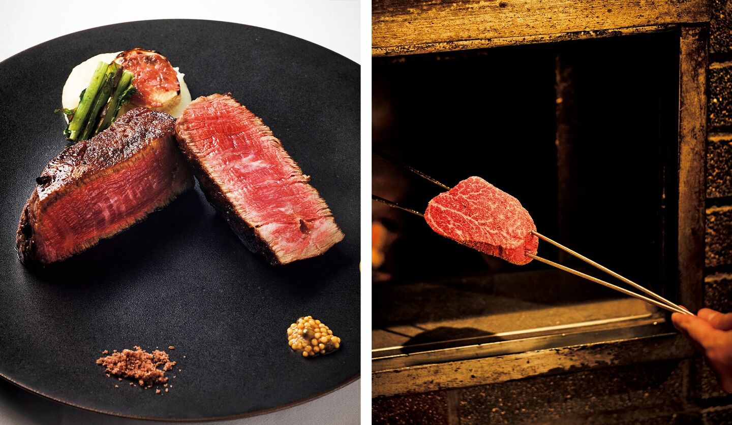 Steak Dining Vitis」の炉窯焼きステーキ ヒレと黒毛和牛タルタル、ステーキサンド
