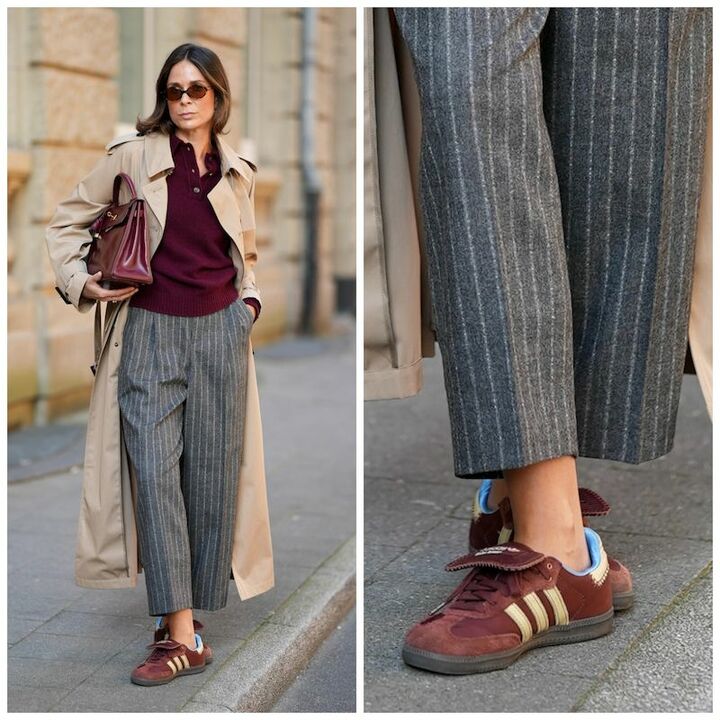 スニーカーのインナーカラーの水色がさりげない遊び心を添えています。