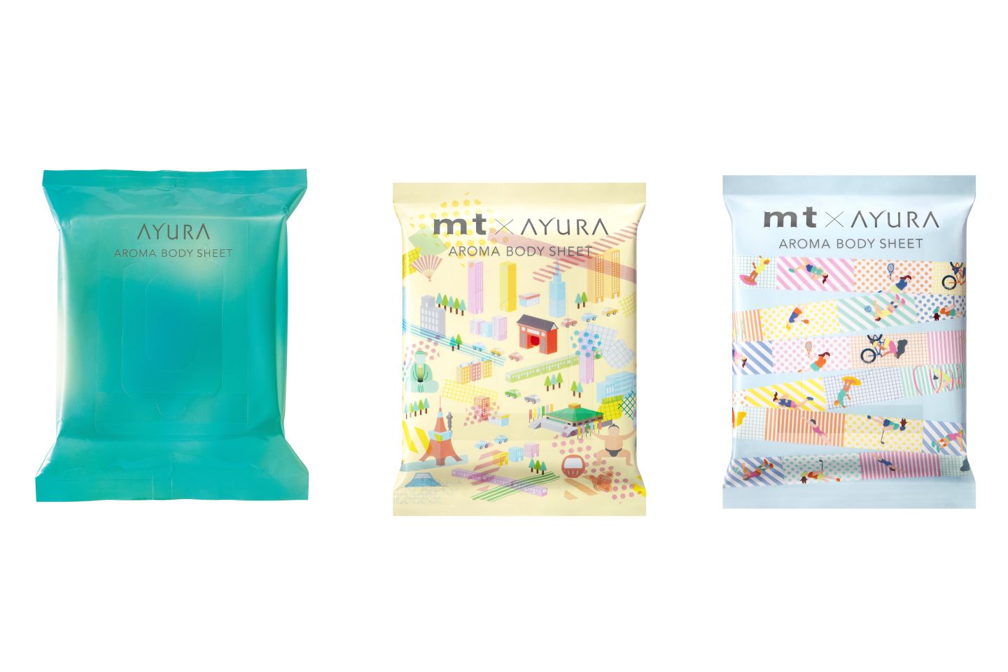 左からアユーラ アロマボディシート 15枚入¥750、アロマボディシートmts・mtj 各15枚入 各¥750(数量限定発売)