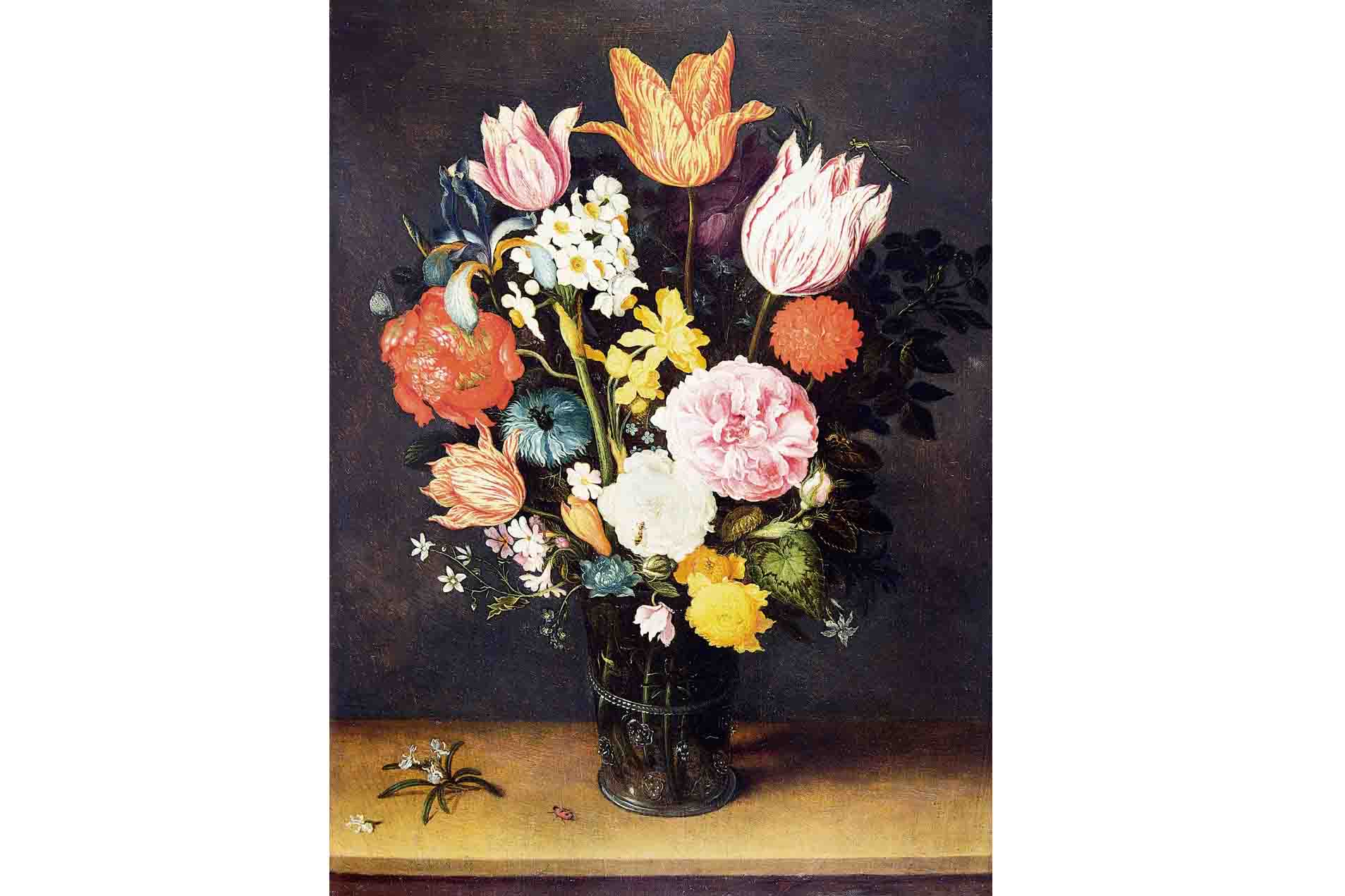 ヤン・ブリューゲル1世、ヤン・ブリューゲル2世 《机上の花瓶に入ったチューリップと薔薇》 1615-1620年頃 Private Collection