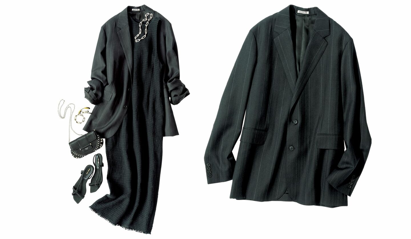 オーラリーのブラックジャケットと、ジャケットとワンピースのスタイリング置きコーデ