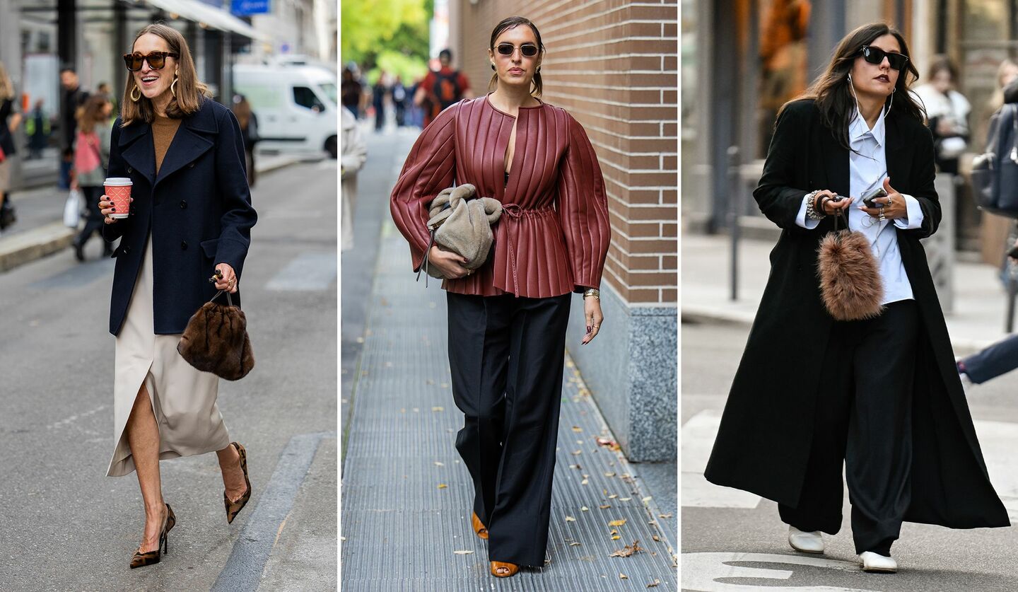 ファーバッグを持つアネット・ウェーバー、カミラ・カリル、パリのコレクション会場にいたゲスト