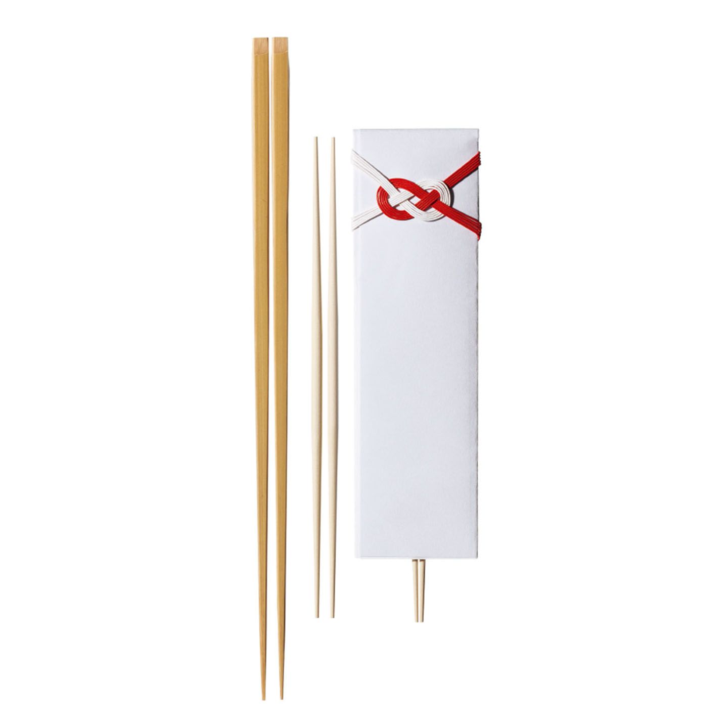 左から/京風もりつけ箸【33cm】¥1,900・上御祝箸(手仕上げ)¥800・別売りの箸袋:御祝袋 紅白水引き10枚入り¥1,100(すべて税抜)