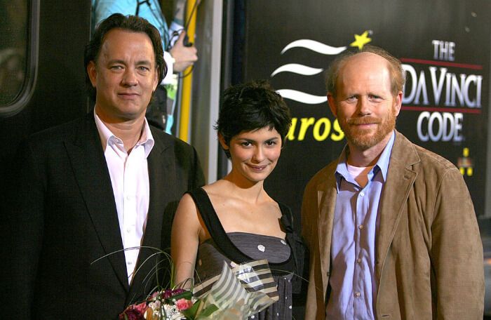 2006年5月16日、第59回カンヌ国際映画祭に出席したトム・ハンクス、オドレイ・トトゥ、ロン・ハワード監督。