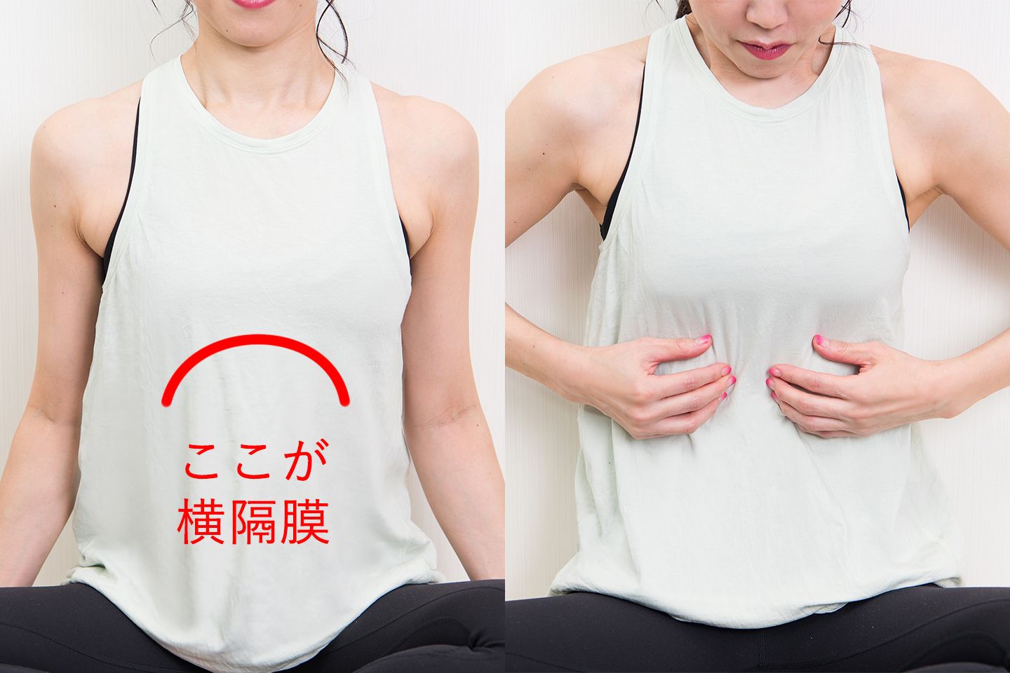 横隔膜の位置と横隔膜をプッシュして肋骨のなかにしまいこむ様子