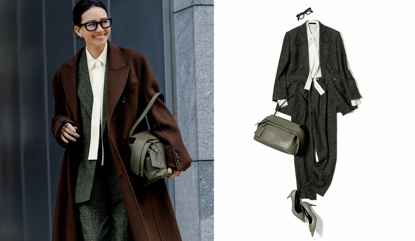 チノのコートを纏ったモデルのRINAさんとオブリオのジャケット＆パンツスタイル