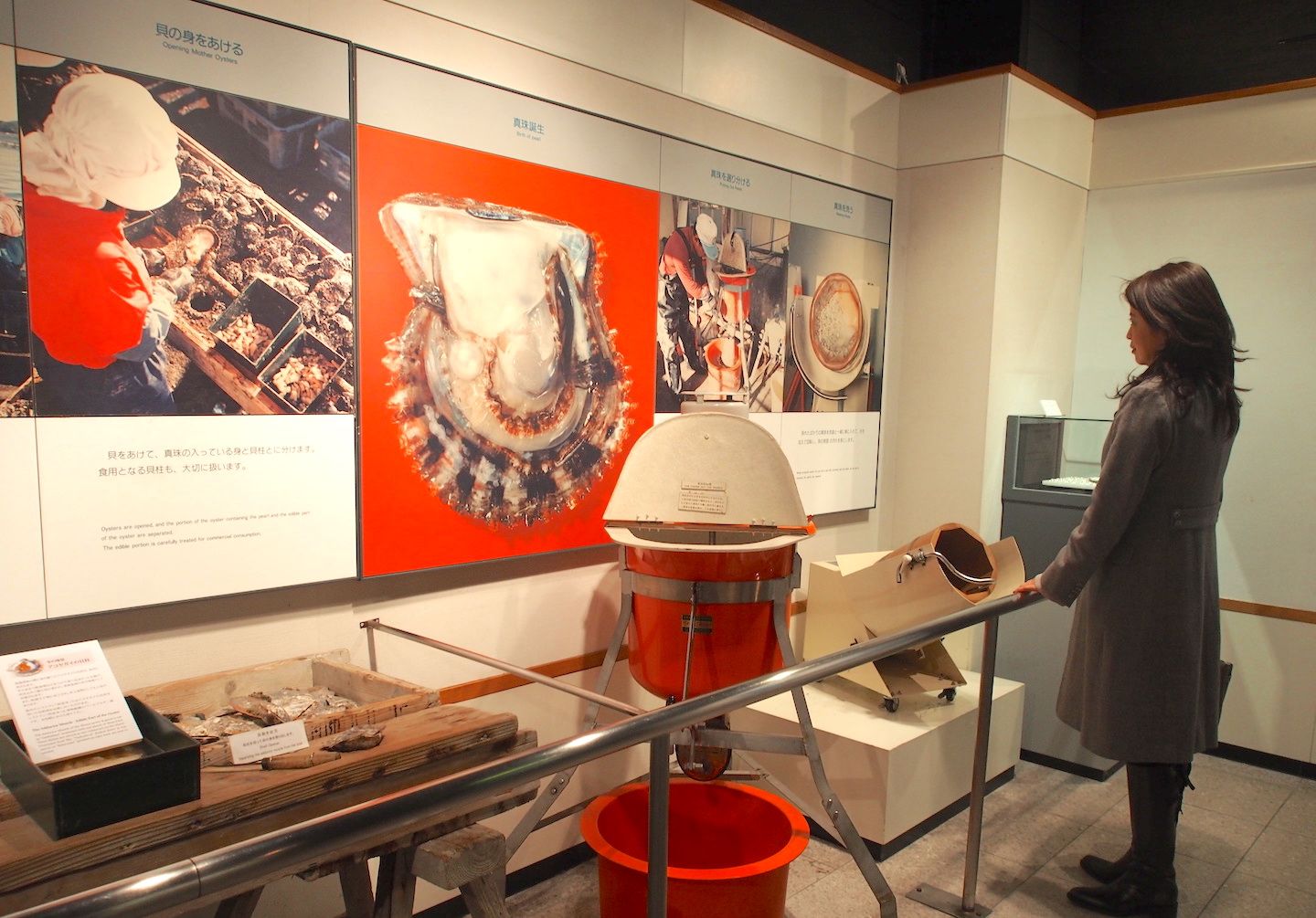 真珠の取り出し方が記されたパネル展示