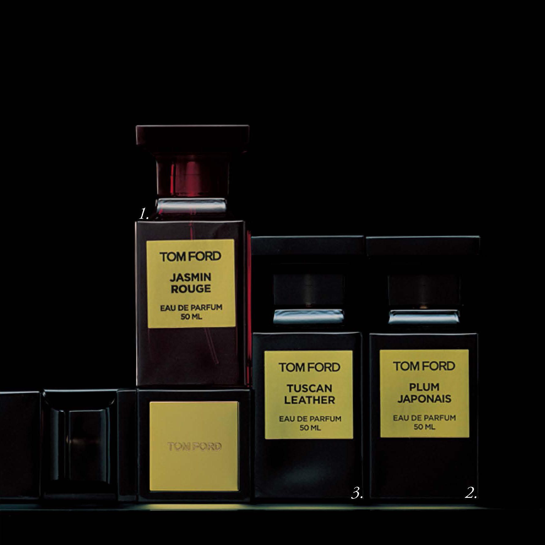 1.ジャスミン ルージュ オード パルファム スプレィ ●50ml ¥28,000・2.プラム ジャポネ オード パルファム スプレィ 50ml ¥28,000・3.タスカン・レザー オード パルファム スプレィ●50ml ¥28,000(トム フォード ビューティ)