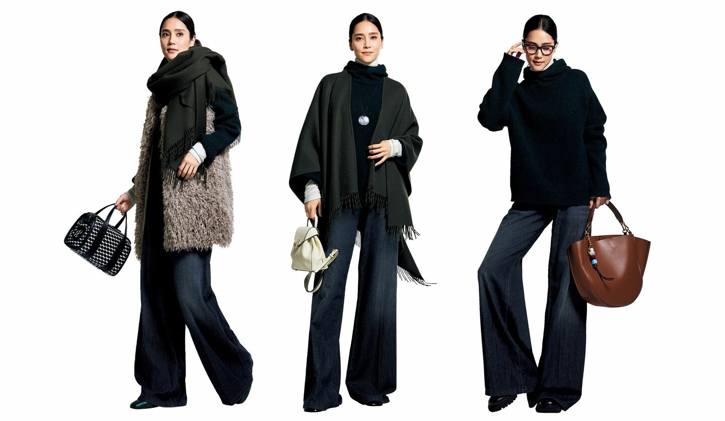 リッチカジュアル派のレイヤードスタイルを着用したモデルのAtsukoさん