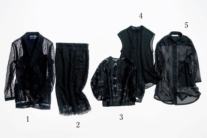 1.ジャケット￥335,000・ノースリーブトップス￥123,000（ラルフ ローレン〈ラルフ ローレン コレクション〉）、2.スカート￥110,000（オールウェイズ〈MIKAKO NAKAMURA〉）、3.トップス￥50,000（ドゥロワー 丸の内店〈ドゥロワー〉）、4.ブラウス￥38,900（Vince 表参道店）、5.シャツ￥48,000（アノア〈リビアナ・コンティ〉）　［Precious2019年6月号74-75ページ］ 