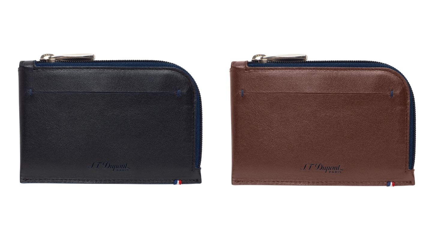 エス・テー・デュポン レザーコレクション「ライン Dスリム」小銭入れ 各¥25,000【縦7x横11cm、ブラック&ブルー・ブラウン&ブルー】※キーリング付き:各¥28,000