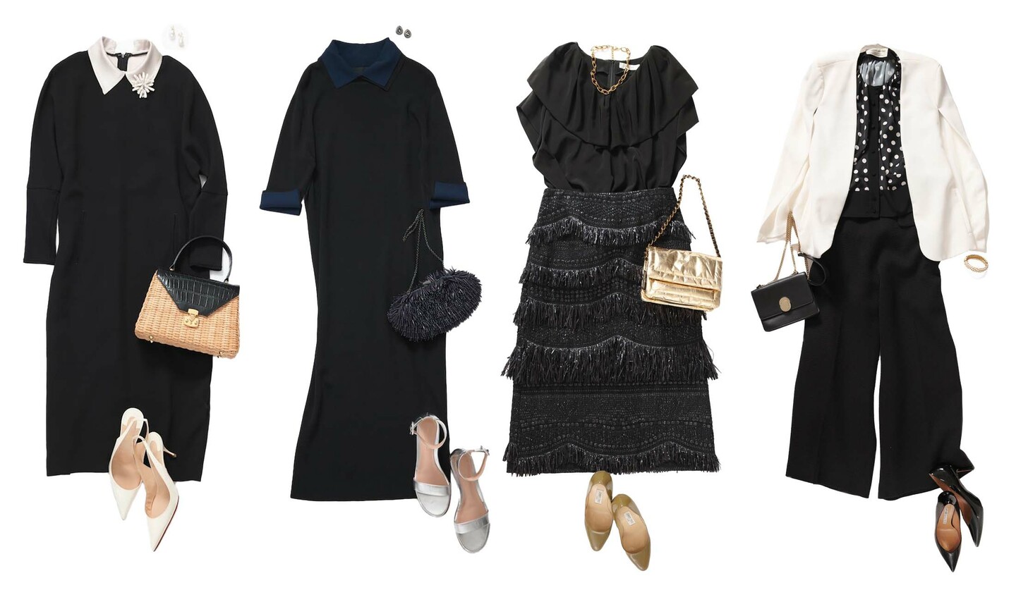 スタイリストの望月律子さんによるモノトーンをテーマにしたドレスアップコーディネート4種