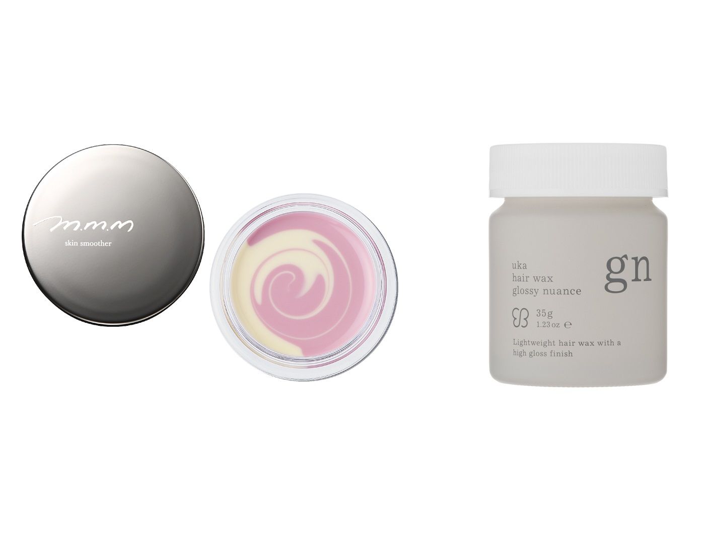 (左)ムー スキンスムーザー ¥3,200 (右)uka ヘアワックス グロッシーニュアンス 35 ¥2,600