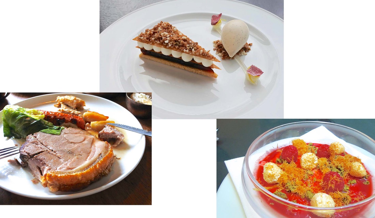 パイ生地のケーキ、真っ赤なスープ、サンデーロースト、パウンドケーキと4種類のイギリス料理が並ぶ