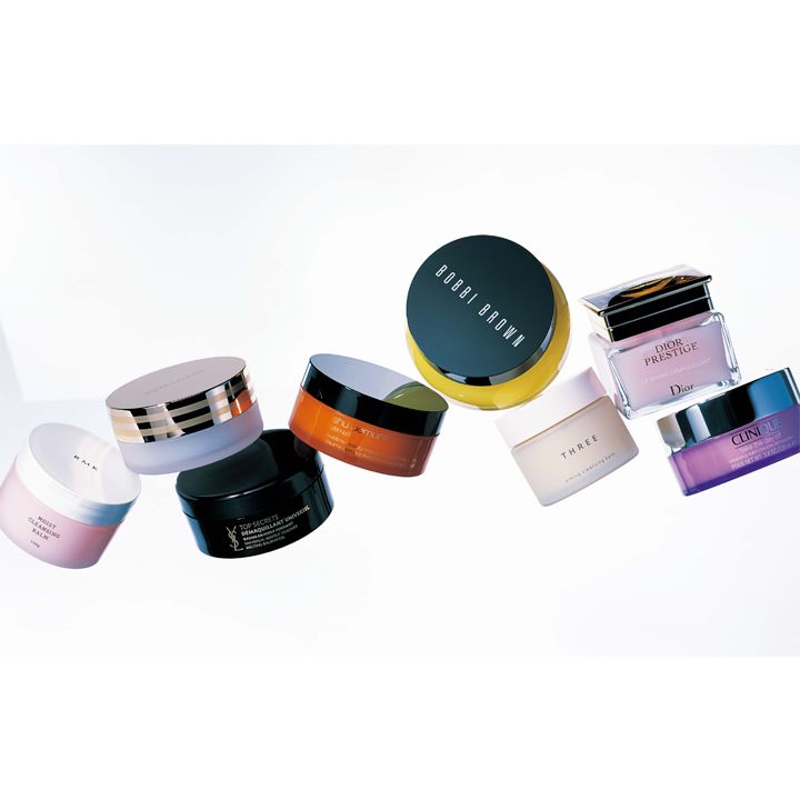 左から／1. モイスト クレンジングバーム100g ￥3,200（RMK）、2. アドバンス ナイト マイクロクレンジング バーム61g ￥6,500（エスティ ローダー ）、3. トップ シークレットクレンジング バーム125ml ￥5,800（イヴ･サンローラン･ボーテ）、4. アルティム 8 スブリムビューティ インテンシブクレンジング バーム100g ￥9,000（シュウ ウエムラ）、5. エクストラ バーム リンス200g ￥8,500（ボビイ ブラウン）、6. エミング クレンジングバーム85g ￥6,000（THREE）、7. ディオール プレステージル バーム デマキヤント150ml ￥10,500（パルファン･クリスチャン･ディオール）、8. テイク ザ デイ オフクレンジング バームバリア110g ￥3,800（クリニーク）　[Precious2018年8月号176-177ページ] 