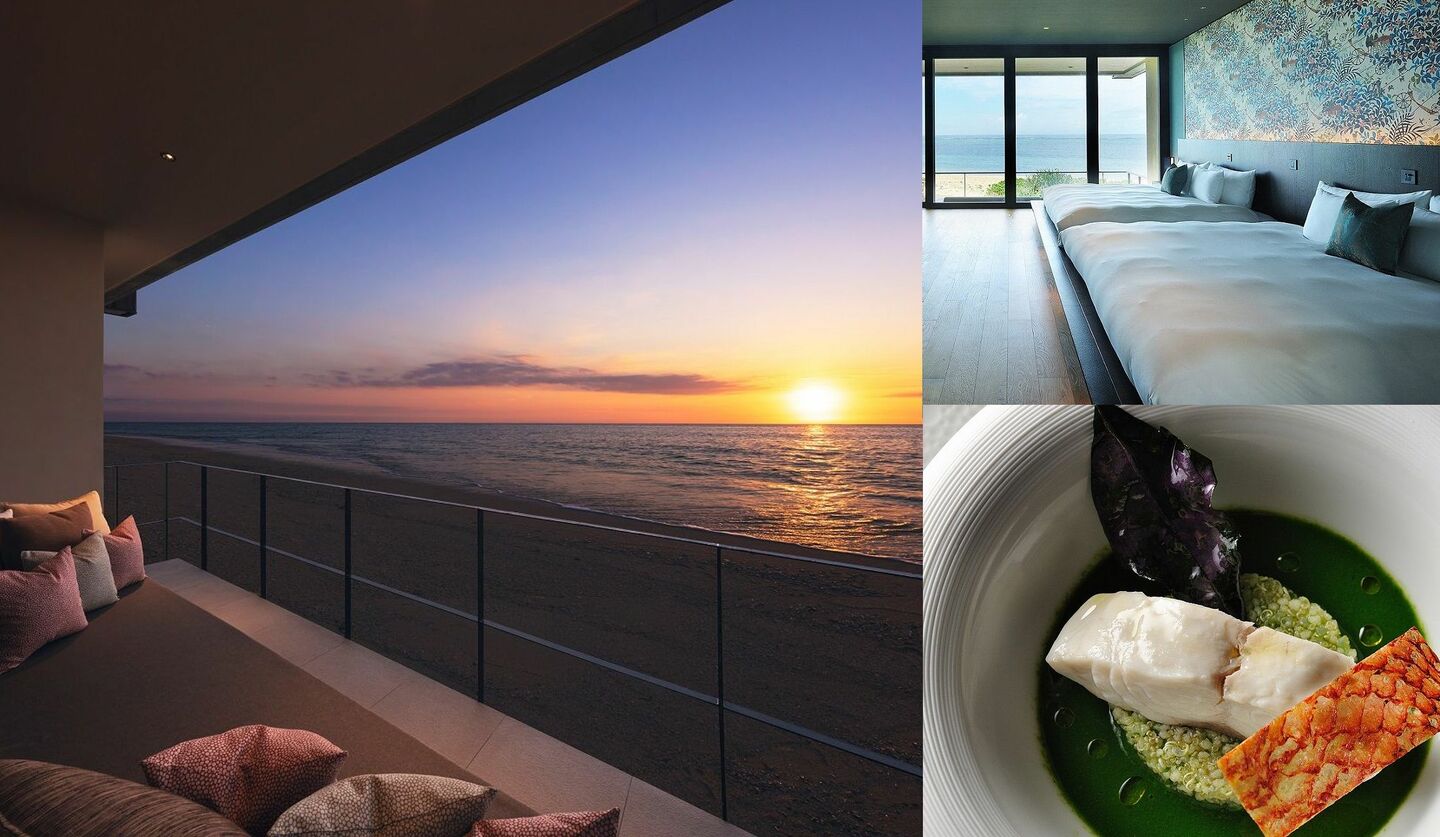 『星のや沖縄』の宿泊ルームからのサンセットの絶景とディナーの写真