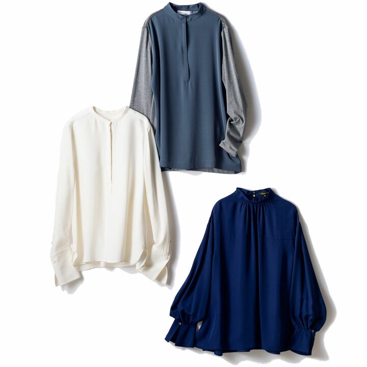 上から／ブラウス￥79,000（アオイ〈ファビアナフィリッピ〉）、ブラウス￥56,000（J＆M デヴィッドソン 青山店）、ブラウス￥67,000（ドゥロワー丸の内店〈ドゥロワー〉）　[Precious2018年11月号194ページ]