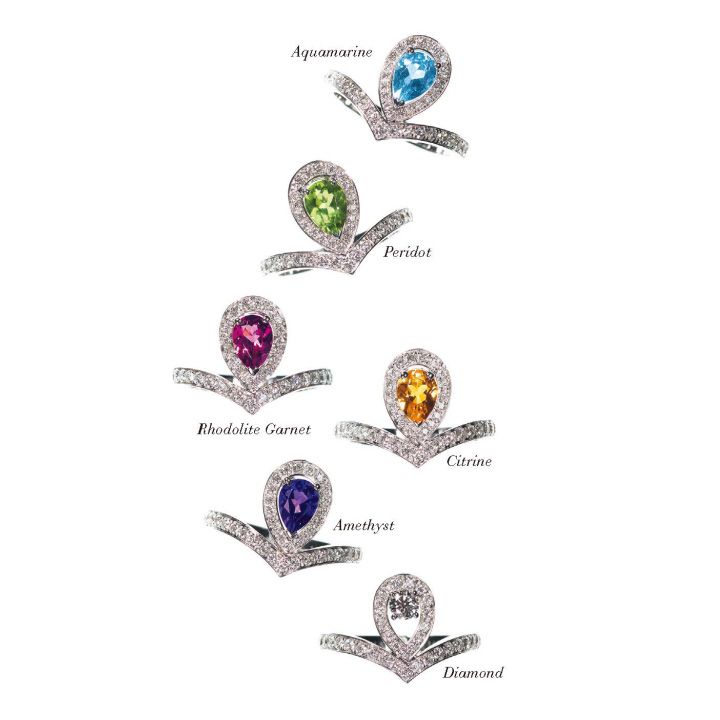 「『ジョゼフィーヌ』コレクション エグレット」リング／上から￥770,000［ホワイトゴールド×アクアマリン×ダイヤモンド］・￥770,000［ホワイトゴールド×ペリドット×ダイヤモンド］・￥770,000［ホワイトゴールド×ロードライトガーネット×ダイヤモンド］・￥770,000［ホワイトゴールド×シトリン×ダイヤモンド］・￥770,000［ホワイトゴールド×アメシスト×ダイヤモンド］・￥910,000［ホワイトゴールド×ダイヤモンド］（ショーメ）　[Precious2018年11月号312ページ]