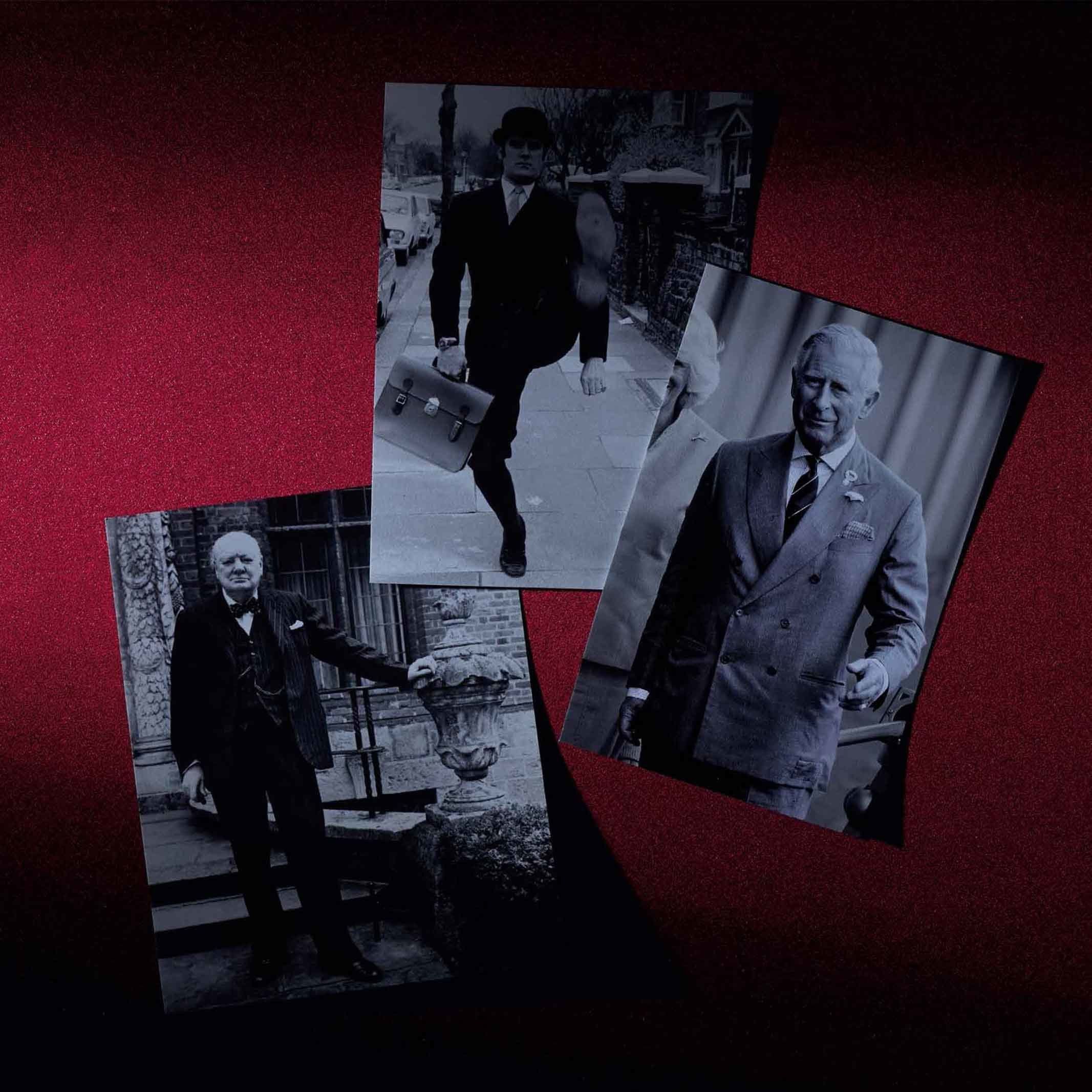 (左)Winston Churchill ウィンストン・チャーチル/帝国主義者として、衰退する大英帝国のいわばしんがりとなったチャーチル。第二次大戦後2度目の首相に任命された際の、’30年代調のかたくななスーツ姿が印象的だ。
(中)Monty Python TV『空飛ぶモンティ・パイソン』/政治や宗教など、きわどいネタを連発したコメディグループ、モンティ・パイソンのTV番組。写真はメンバーのジョン・クリーズによる「シリー・ウォーク(バカ歩き)」。
(右)Prince Charles チャールズ皇太子/ウェルドレッサーとして知られる皇太子だが、周囲を驚かせたのがつぎ当てされていることが明らかなこの写真。向かって右側、ポケット下に四角い痕が見える。