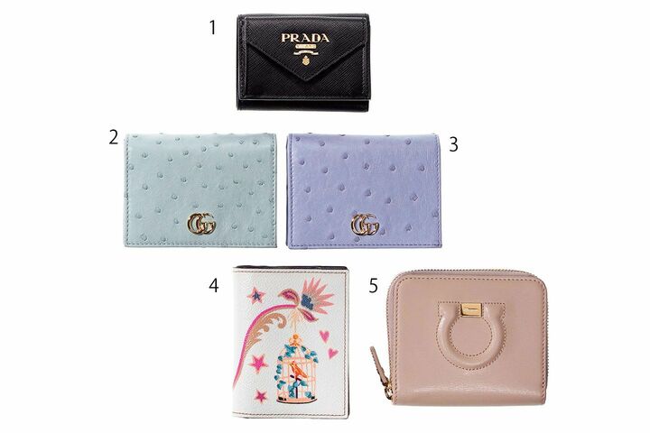 財布 1.￥47,000／予定価格【縦6.5×横9.5×マチ2cm】（プラダジャパン〈プラダ〉）2＆3.各￥148,000【縦8.5×横11×マチ3cm】（グッチ ジャパン）4.￥51,000【縦8.5×横11×マチ2cm】（エトロ ジャパン）5.￥54,000【縦9×横11×マチ2cm】（フェラガモ・ジャパン〈サルヴァトーレ フェラガモ〉）　[Precious2019年1月号132ページ] 