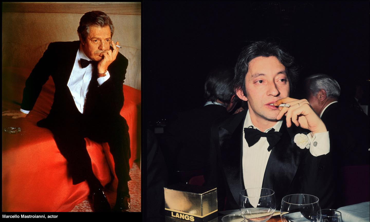 滅多に着用することのないタキシード。とはいえ、気負わず着こなしたい。洒脱に着こなすセルジュ・ゲンズブール(右)やマルチェロ・マストロヤンニ(左)やは、MEN'S Precious世代にとって永遠の憧れだ。©アフロ