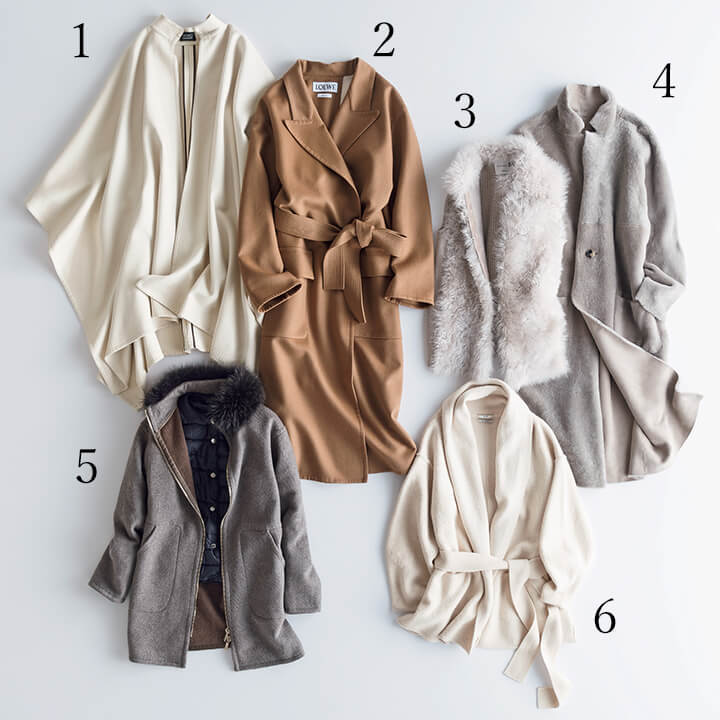 1.リッチなホワイトのピュアカシミヤ生地一枚で仕立てた贅沢なマント。￥300,000（オールウェイズ〈MIKAKO NAKAMURA〉）、2.陰影を映すしなやかなドレープが美しいウールカシミヤのオーバーサイズコート。￥268,000[ベルト付き]（ロエベ ジャパン）、3.前身ごろにカシミヤファーをあしらったジレ。裏地や後ろ身ごろは軽やかなニット地。￥230,000（ストラスブルゴ〈MANZONI24〉）、4.上質なムートンで仕立てたリバーシブルのコート。切りっぱなしのエッジが小粋。￥200,000（ウィム ガゼット 青山店〈アンノウン〉）、5.フォックスファー襟のカシミヤコートに、キルティングダウンをセットしたダブルウエア。￥590,000（コロネット〈ムーレー〉）、6.アウター感覚で着られる、目がぎゅっと詰まった編み地のガウン風カーディガン。￥154,000[ベルト付き]（イーストランド〈コー〉）　[Precious2019年2月号96ページ] 