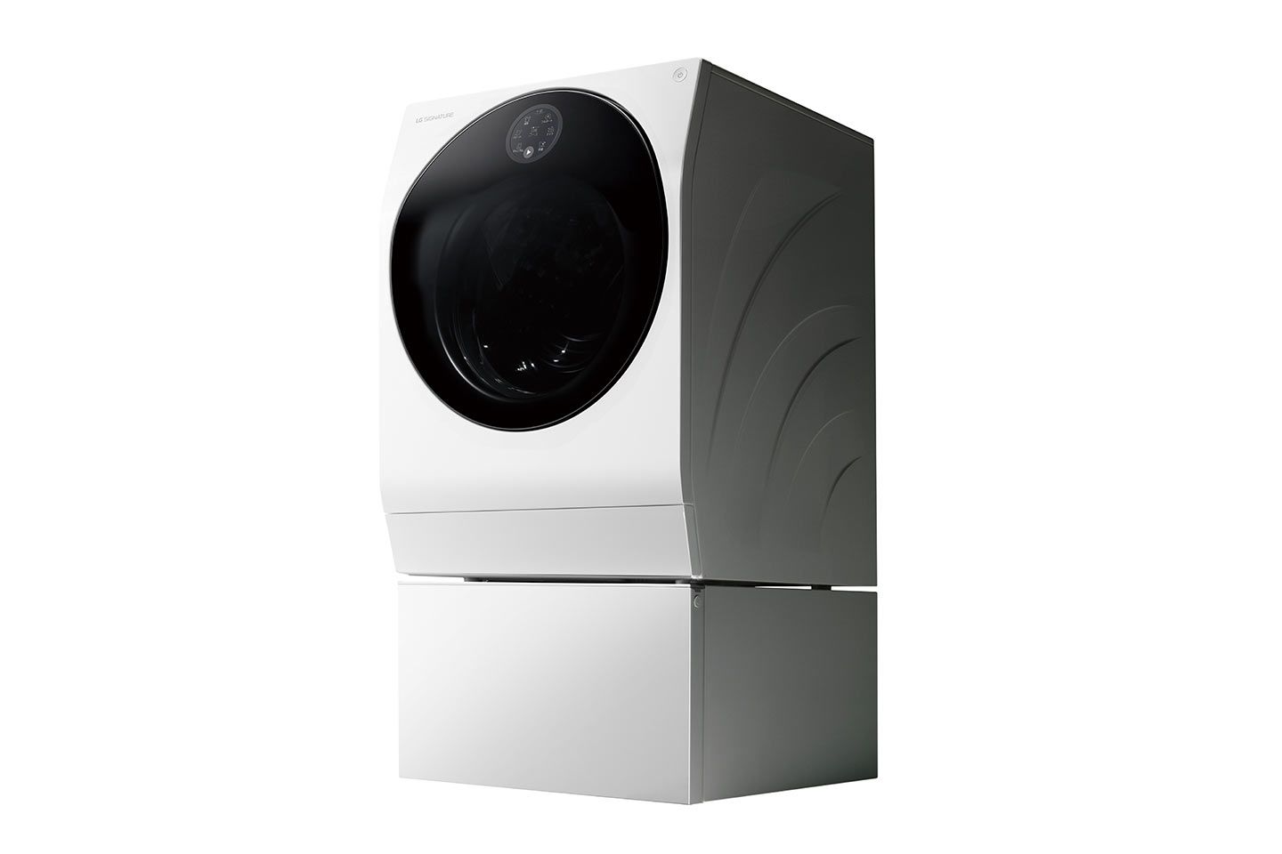 ほんのり角度がついたデザインが印象的な洗濯機「LG SIGNATURE / DUALWash™」