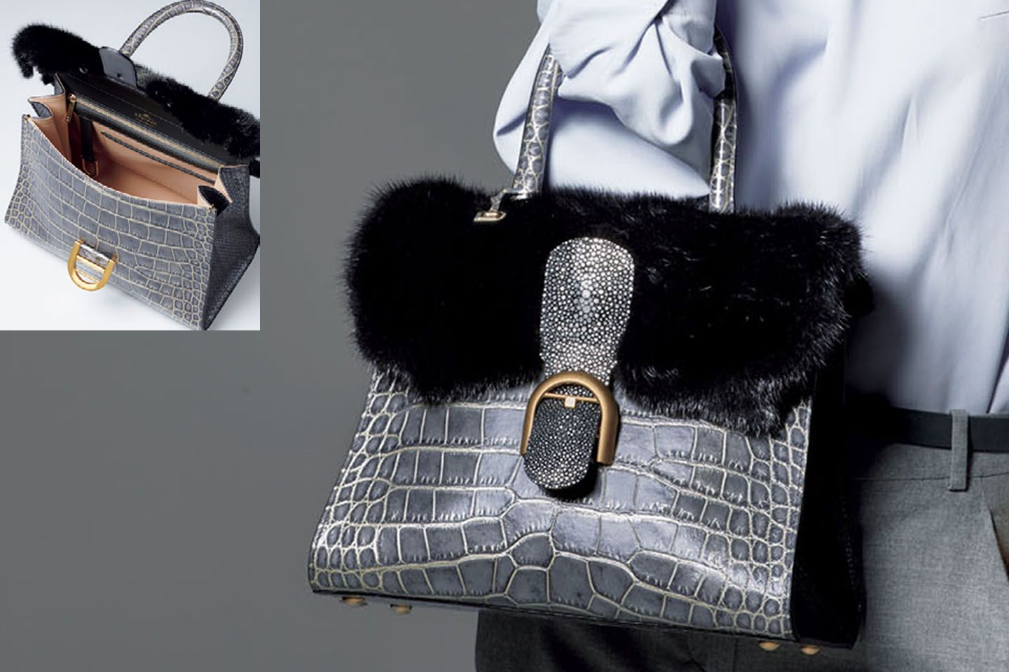『ブリヨン MM』素材:クロコダイル×ミンク×ガルーシャ、サイズ:縦22×横28.5×マチ13.5cm¥5,060,000(デルヴォー・ジャパン)