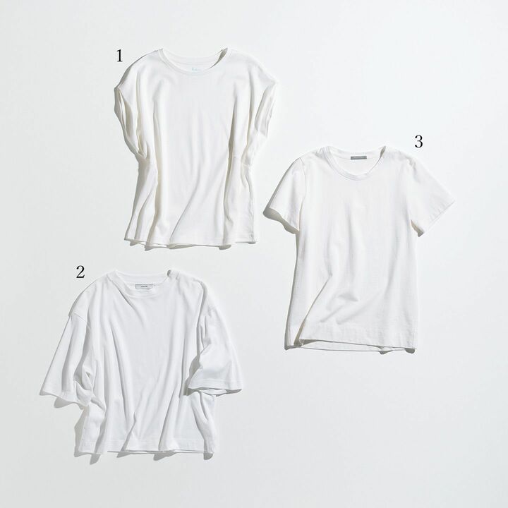 白Tシャツ 1.￥22,000／サイズ展開：38～42（オリジナルサイズ）［コットン100％］（インドゥエリス）、2.￥17,700／サイズ展開：XS、Ｓ（アメリカサイズ）［コットン100％］（Vince 表参道店）、3.￥11,000／サイズ展開：38、40（イタリアサイズ）［コットン100％］（Theory luxe）　［Precious2019年8月号152ページ］