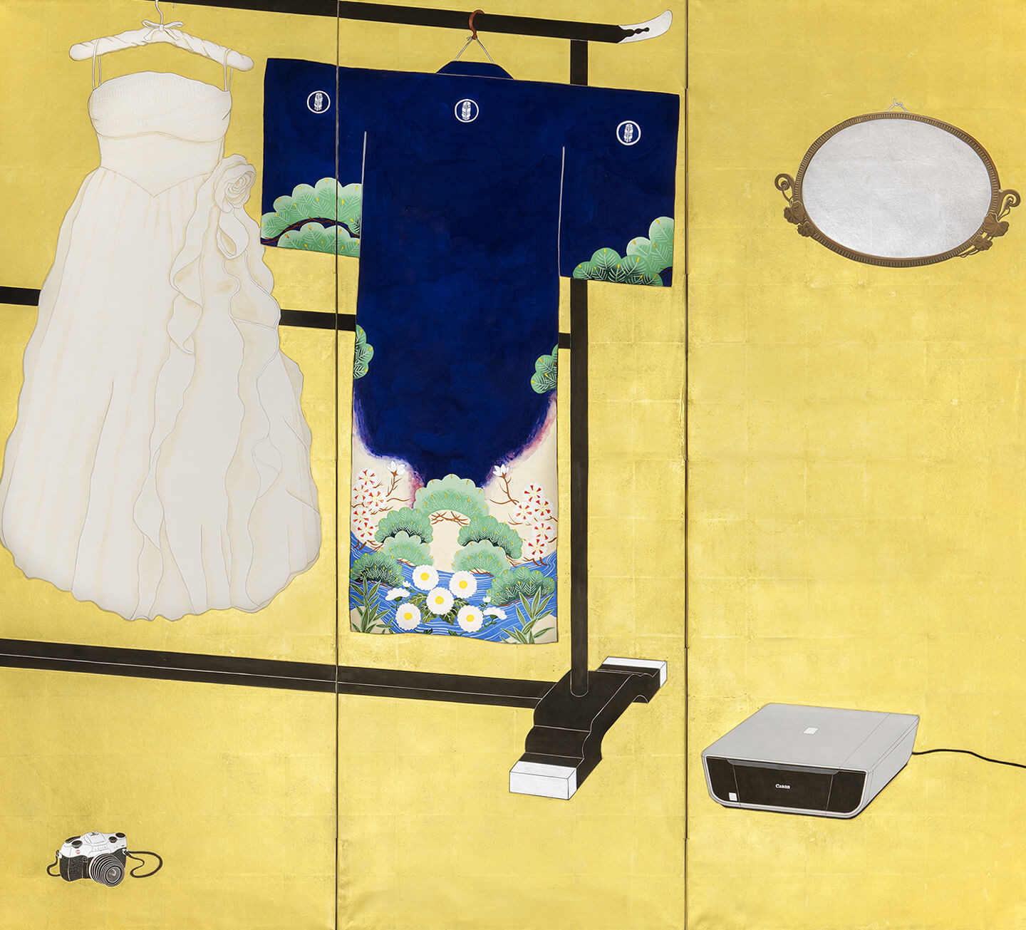山本太郎《熊本ものがたりの屛風 女性のハレの日金屛風》