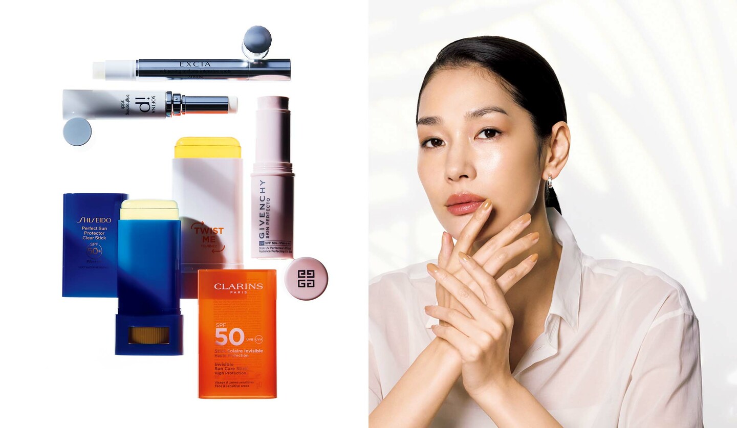 手元を見せたモデル大塚まゆかさんと、スティック美白＆UVアイテム全5品