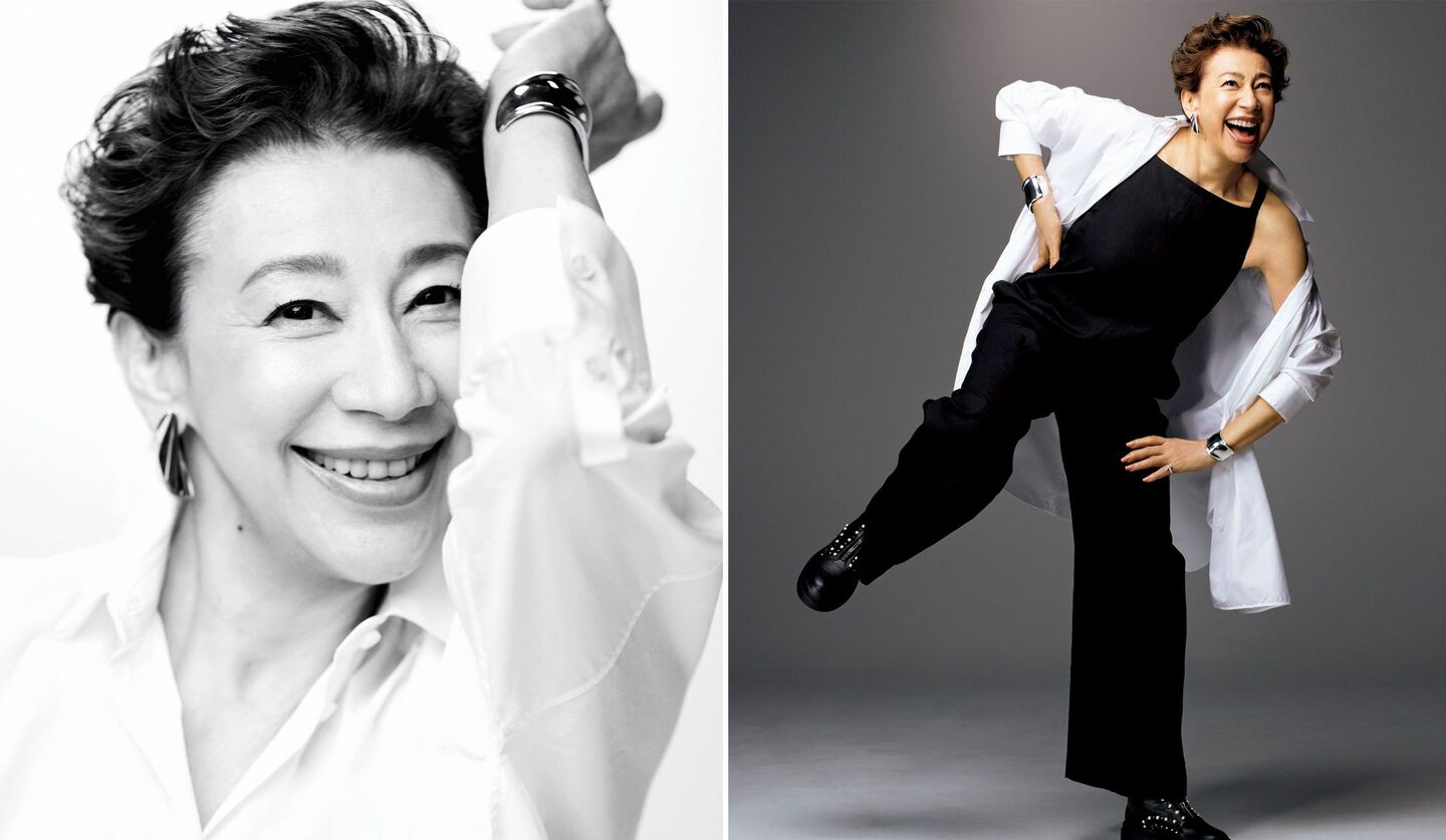 デパリエのオールインワンにフライの白シャツを羽織った女優の前田美波里さん