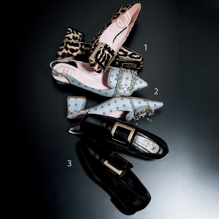 １,ピンク、イエローをさりげなく効かせた、フェミニンなレオパード柄のレーヨン素材。「トレ ヴィヴィエ」￥106,000【ヒール4.5cm】・２,愛らしいファブリックと煌くバックルに乙女心がときめいて。麻×シルク素材。「プロッシュ」￥203,000【ヒール4.5cm】・３,甲をすっぽり包み込む機能美に優れたデザイン。艶やかなエナメル加工のカーフ素材。「トレ ヴィヴィエ」￥116,000【ヒール1.2cm】（ロジェ・ヴィヴィエ・ジャパン）　[Precious2019年2月号141ページ] 