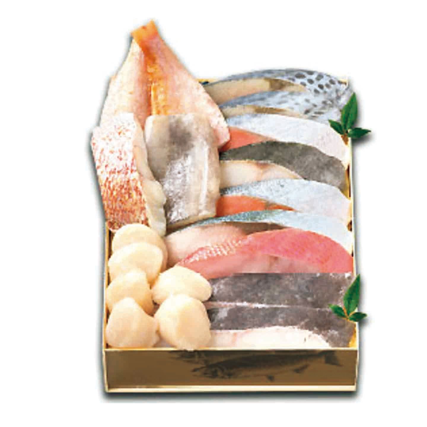 「魚介みりん粕漬 詰合せ」いか、帆立貝柱入りは、銀だらや銀シャケなど14袋入り品番「セ15A」¥15,000、単品はいか85g¥1,080(税込)、帆立貝柱3個入¥1,026(税込)