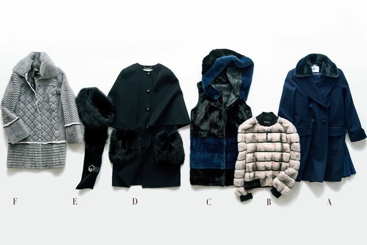 右から／コート￥565,000・ブルゾン￥1,507,000・ジレ［ベルト付き］￥2,414,000・コート￥453,000・ストール￥242,000・コート［ベルト付き］￥2,534,000（フェンディ ジャパン）　[Precious2018年12月号124-125ページ] 　