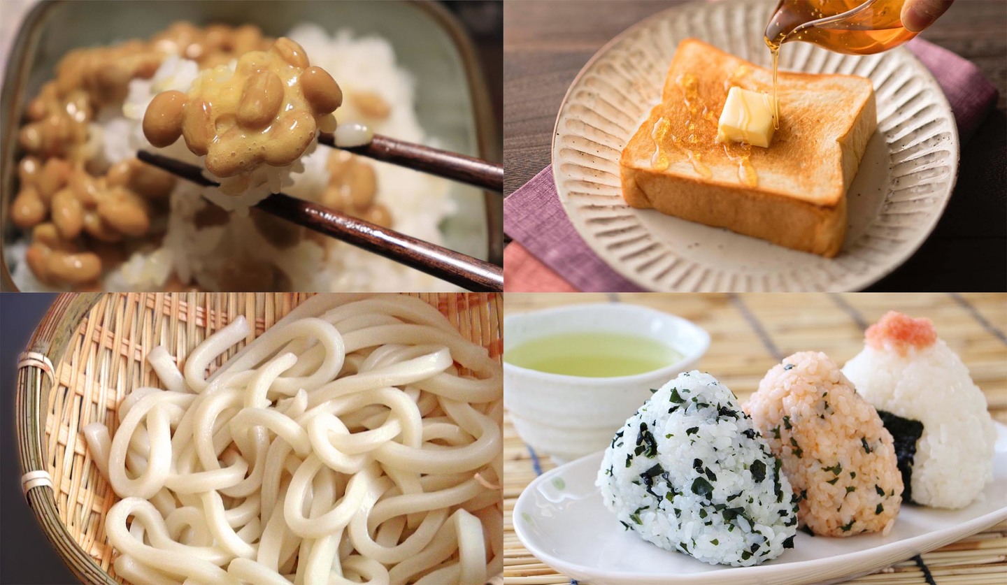 納豆、食パン、うどん、おにぎりの画像