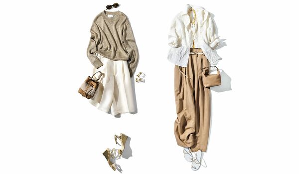 さりげない女性らしさと抜け感が漂う、上品な「白×ベージュ」コーディネート｜表情のある素材を取り入れるのも洗練の秘訣