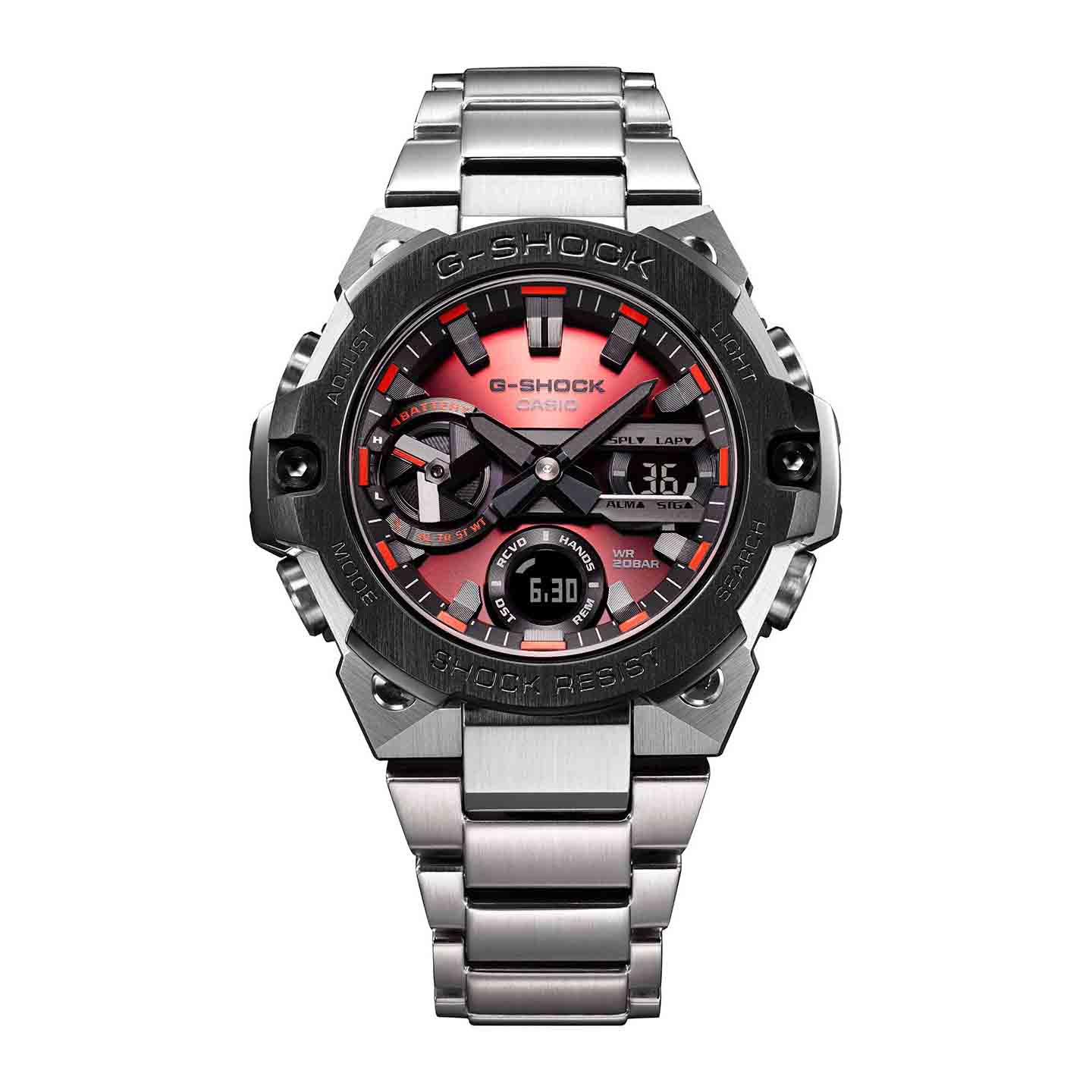 GST-B400AD(レッド×ブラック)SPEC●防水性:20気圧防水 ●使用電源:タフソーラー(ソーラー充電システム)●通信規格:Bluetooth® low energy ●サイズ:縦46.6×横49.6×厚さ12.9mm ●重量:約80g (GST-B400)、約160g(GST-B400D/B400AD/B400BD)¥59,400 ※税込、5月21日発売