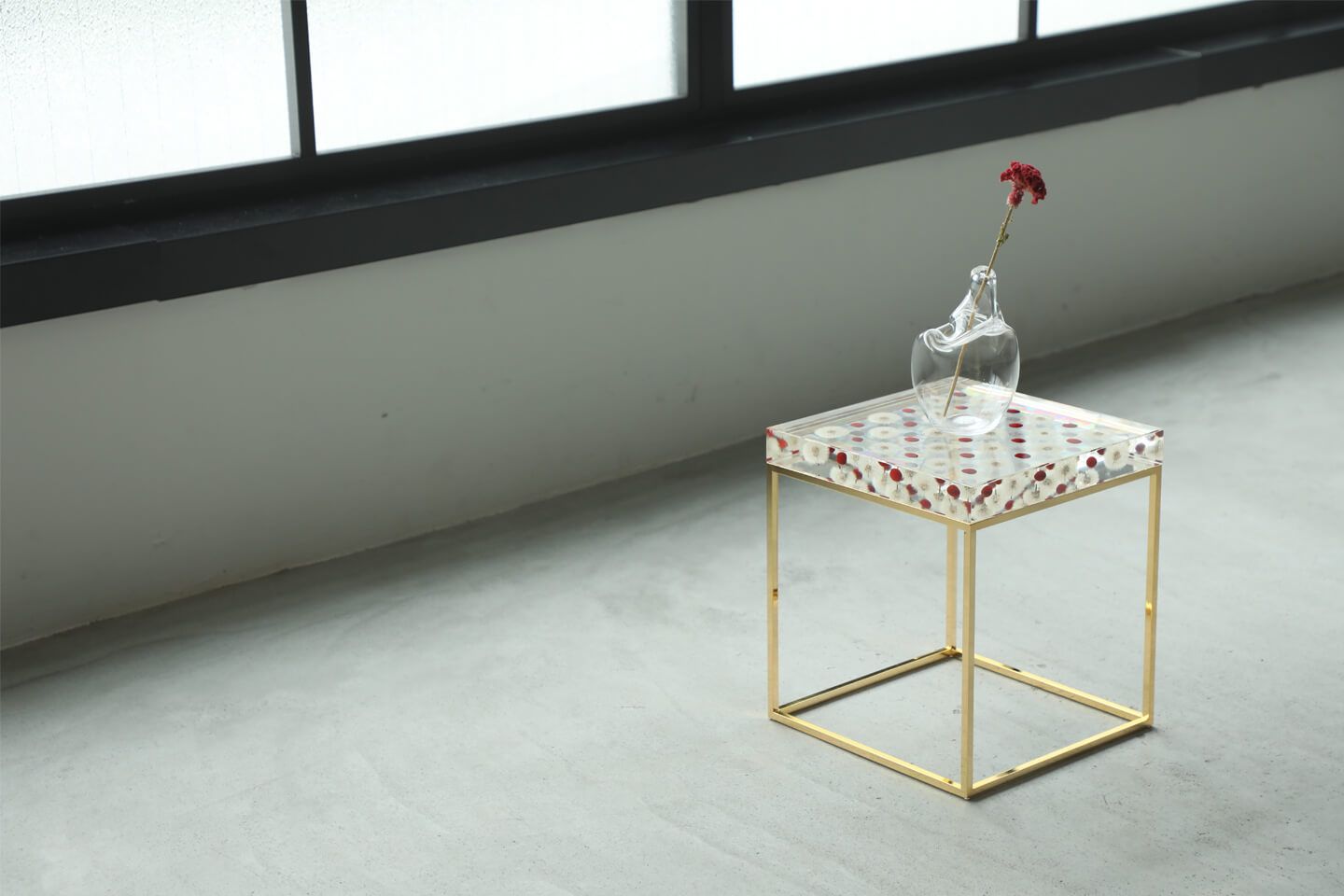 アクリルの中に浮かぶ植物を上からも横からも見ることができる透明なSide Tableは、リビングや玄関の飾りにも最適