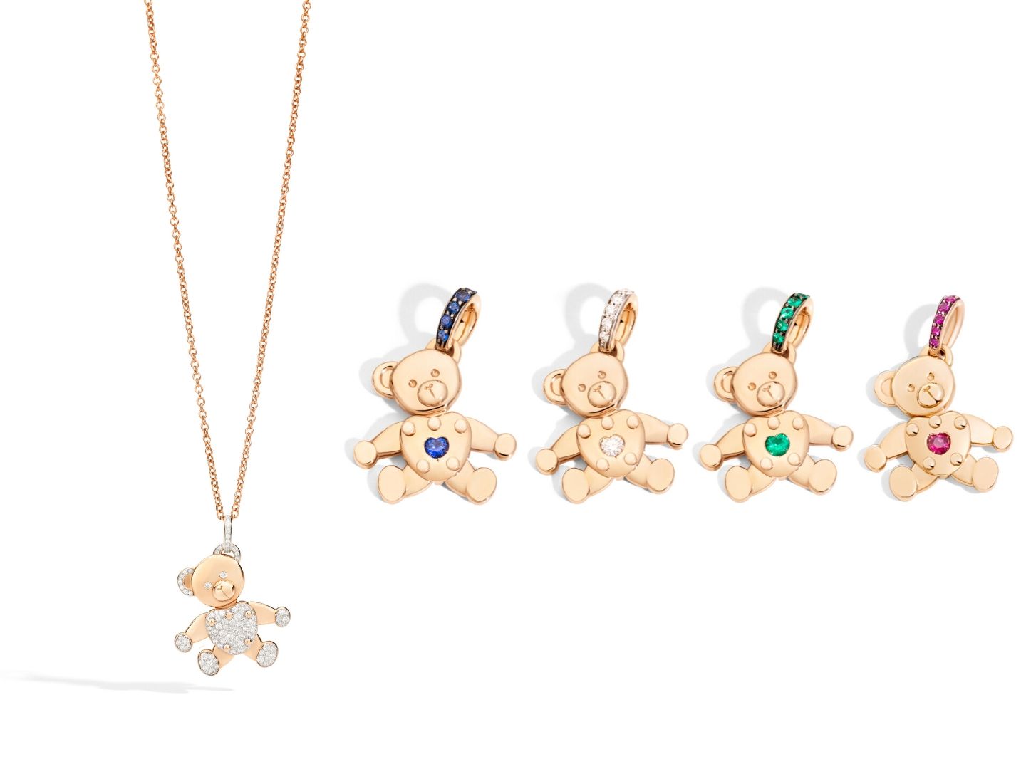 2020年1月新作。「オルセット」ペンダントトップ左から/¥1,240,000【K18ローズゴールド×ダイヤモンド(109個/1.3カラット)】・¥220,000【K18ローズゴールド×ブルーサファイヤ】・¥250,000【K18ローズゴールド×ダイヤモンド】・¥250,000【K18ローズゴールド×エメラルド】・¥220,000【K18ローズゴールド×ルビー】