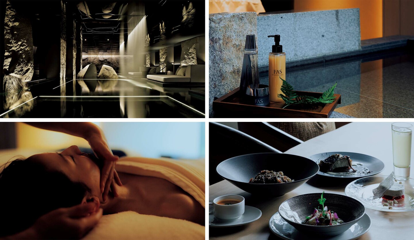「HOTEL THE MITSUI KYOTO」の『サーマルスプリング SPA』の内観、トリートメントの様子、使用されるFAS製品、メニューに含まれるランチカット