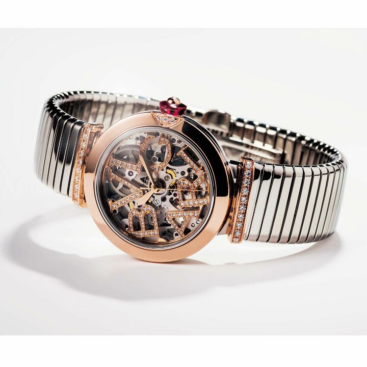 『ルチェア スケルトン トゥボガス』￥1,680,000　●ケース：ステンレススチール×ピンクゴールド　●ケース径：33mm　●ブレスレット：ステンレススチール×ピンクゴールド　●50m防水　●自動巻き（ブルガリ ジャパン）　［Precious2019年7月号244-245ページ］ 