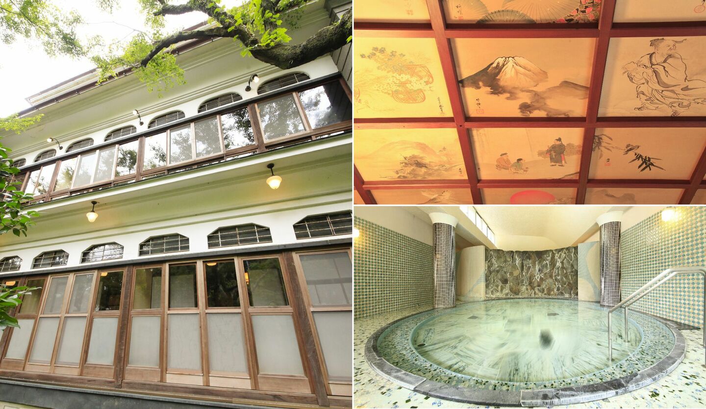 萬翠楼福住の外観、天井画、大浴場「一円の湯」のイメージ