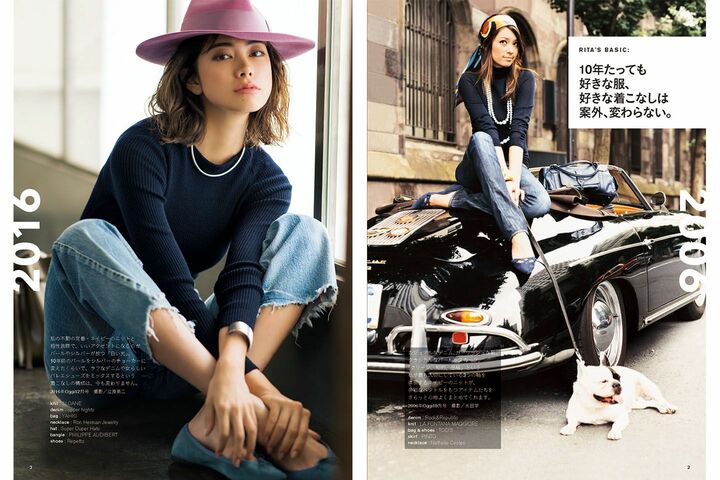 左／リタさんの不動の定番・ネイビーのニットと相性抜群で、いいアクセントになるのがパールやシルバーが放つ「白い光」。10年前のパールをシルバーのチョーカーに変えたくらいで、ラフなデニムや女らしいバレエシューズをミックスするという着こなしの構成は、今も変わりません。knit：SLOANE、denim：upper hights、bag：YAHKI、necklace：Ron Herman Jewelry、hat：Super Duper Hats、bangle：PHILIPPE AUDIBERT、shoes：Repetto　［2016年Oggi12月号］　撮影／江原英二、右／カジュアルなデニム、ガーリッシュな靴、クラシカルなパールやスカーフ。「クリーン、知的、品格」という私が最も大切にしている3つの軸を体現するネイビーのニットが、多彩なベクトルをもつアイテムたちをさらっと心地よくまとめてくれます。denim：Rock&Republic、knit：LA FONTANA MAGGIORE、bag＆shoes：TOD’S、skirf：PINTO、necklace：Nathalie Costes　［2006年Oggi10月号］　撮影／水田 学