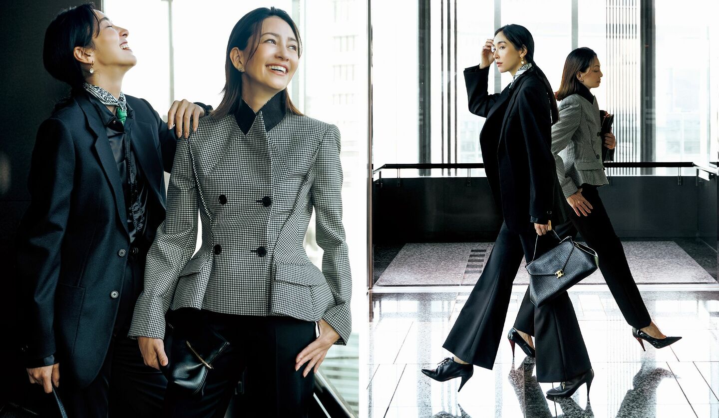 セリーヌのジャケットを着用したモデルのRIKAさんとジバンシィのジャケットを着用したモデルのRINAさん