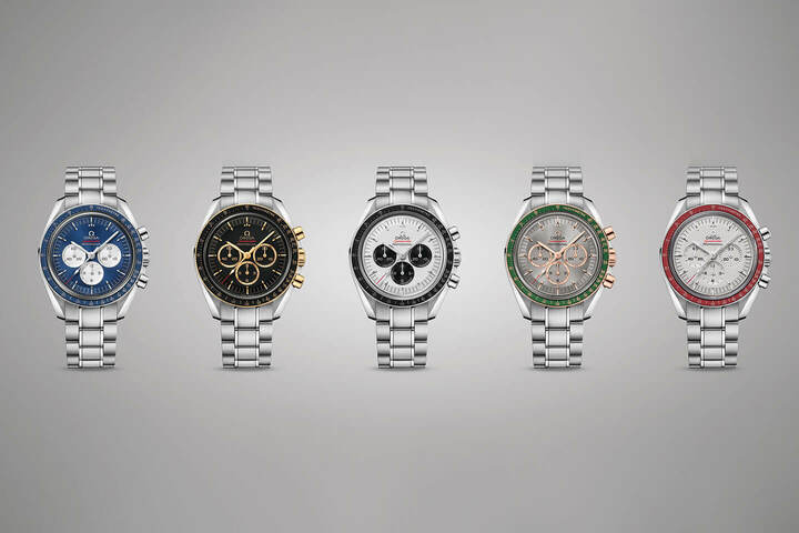 オリンピックのリングカラーをイメージした、5種類の「スピード マスター プロフェッショナル 東京 2020 リミテッド エディションズ」。各￥630,000[SSケース]・各￥780,000[SS＆ゴールドケース]（ともに税抜） [日本限定 各2,020本]